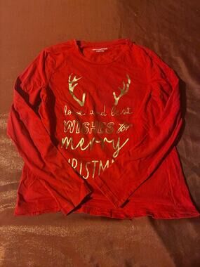 Destination Shirt Girls 146/152 Red Long Sleeve Christmas Gold Foil Graphic Tee